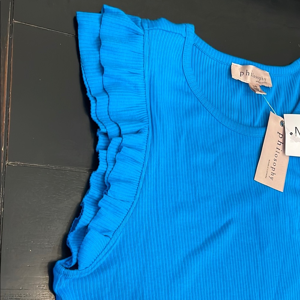 Philosophy Blue Ribbed Ruffle Tee - Picture 4 of 11